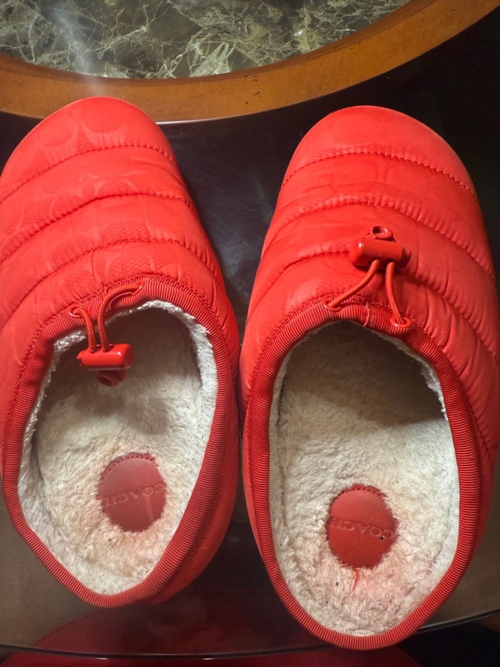 Coach Red Leather Logo Shearling-Lined Slip